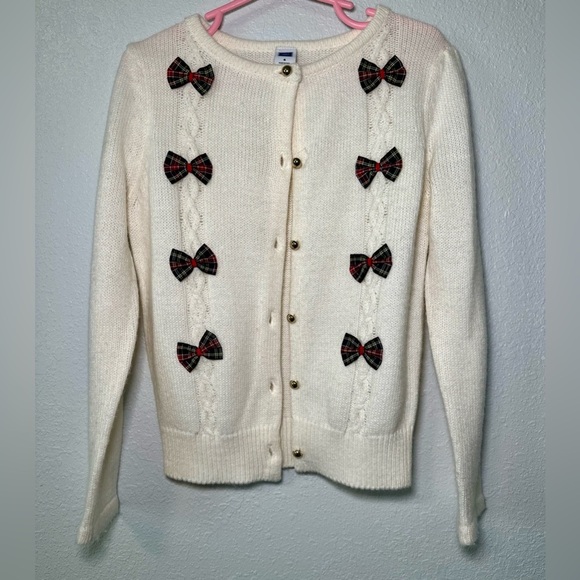 Janie & Jack girls ivory tartan Plaid Bows Knit Cardigan Sweater, 6T - Picture 2 of 5